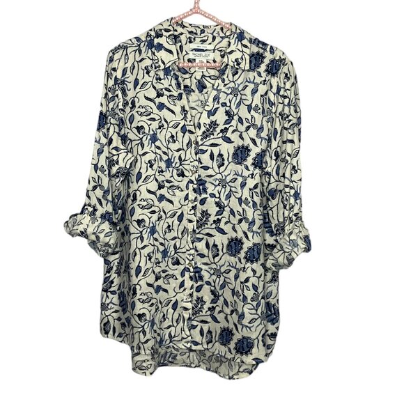 Rachel Zoe Medium M Cream‎ Blue Floral Vine Print 100% Linen Tunic Top Shirt - Picture 1 of 3